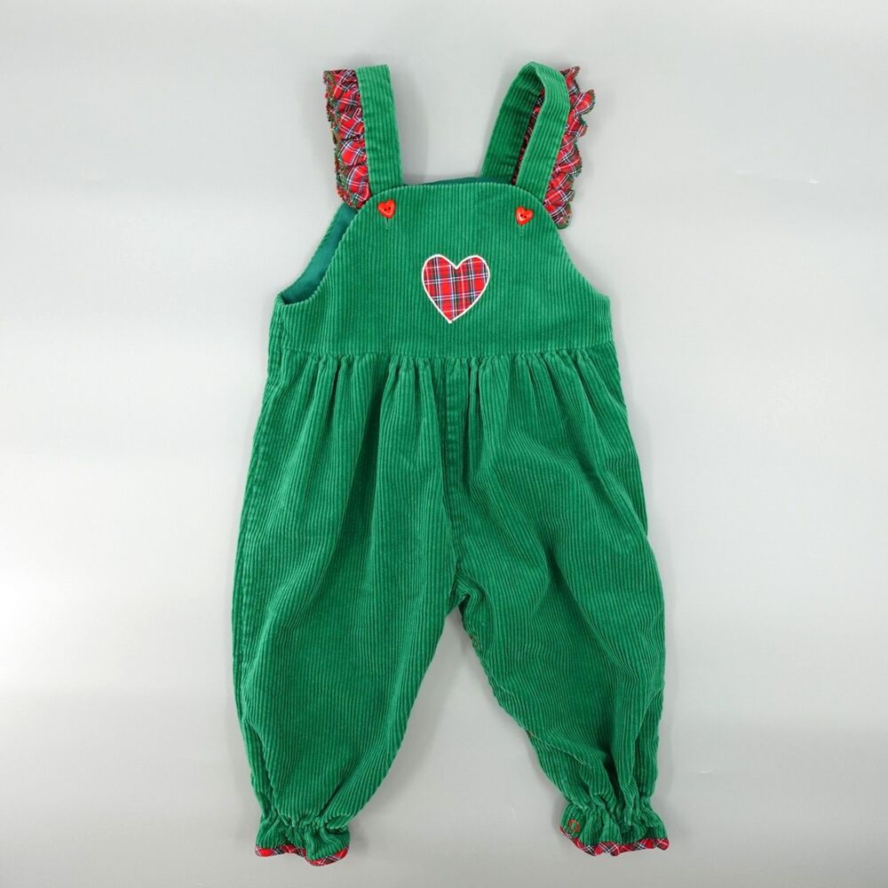VTG Corduroy Baby Jumpsuit 12-18 Months Green Overall Heart Embroidery Holiday
